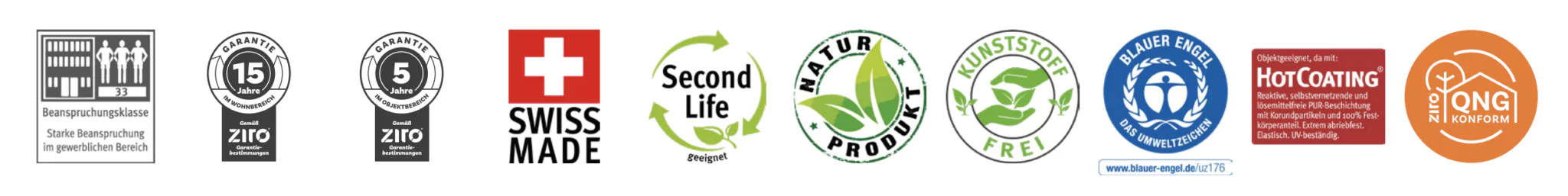 Alle Qualitätssiegel des naturalan Designbodens von ziro