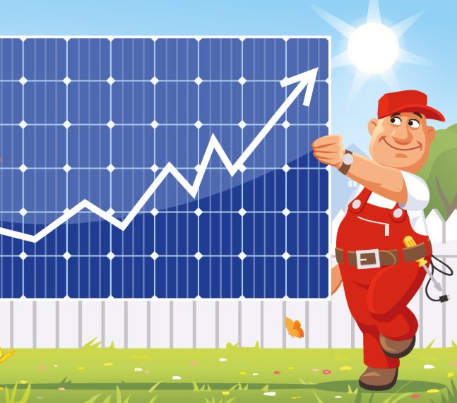 Solarenergie nutzen ist gut für die Umwelt und nachhaltig Comic von einem Bauarbeiter, der ein Solarmodul in der Hand trägt