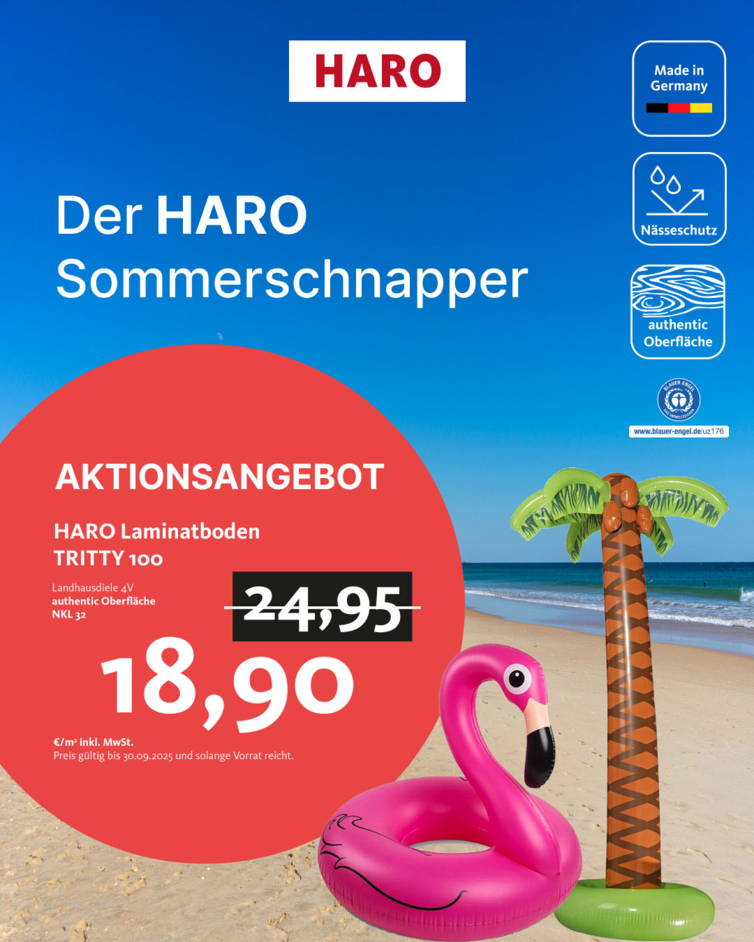 Aktionsbild HARO Laminatboden mit Flamingo Schwimmring am Strand